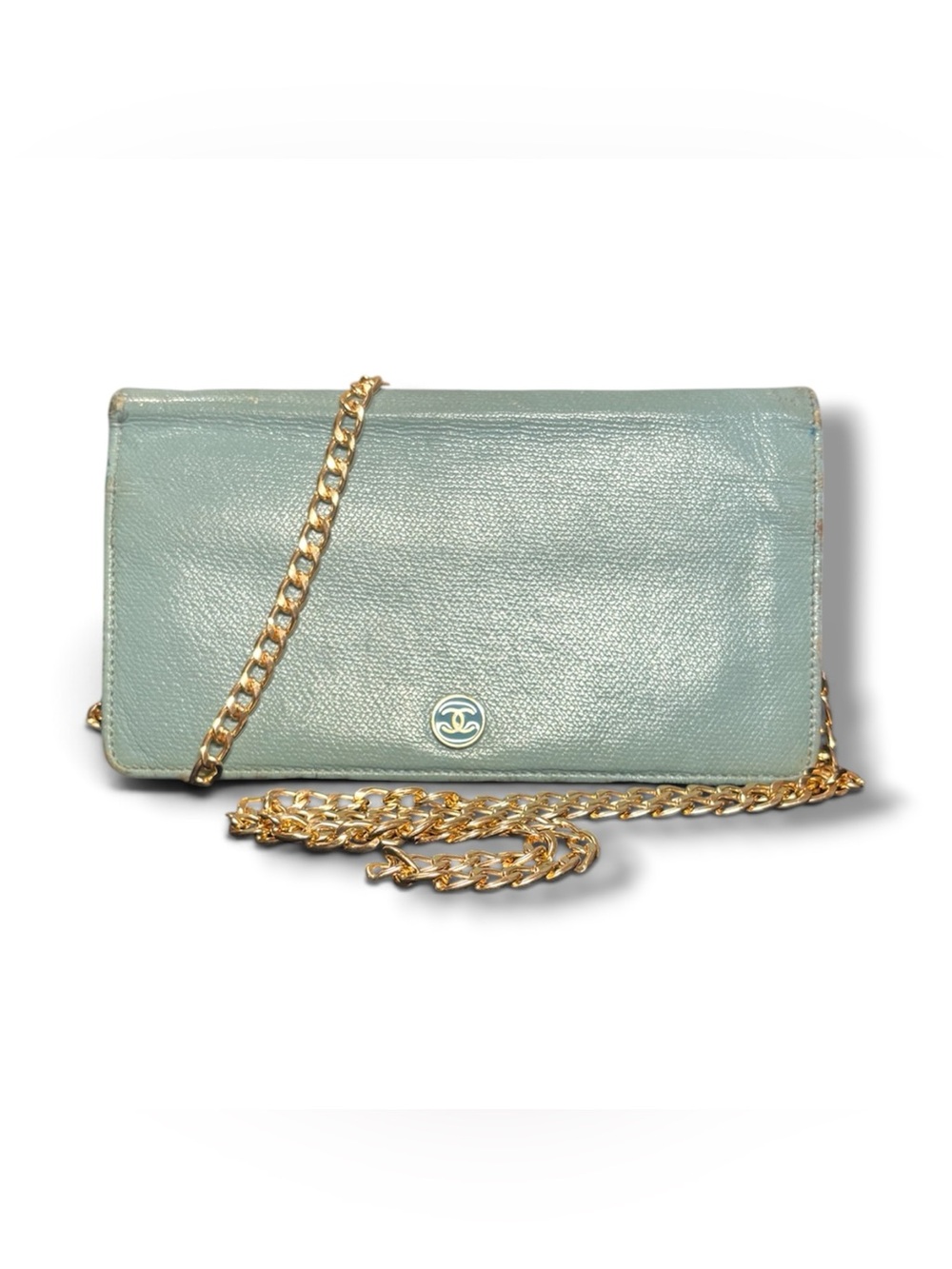 Chanel Coco Button Long Bifold Wallet Light Blue Caviar Leather WOC Chain Box